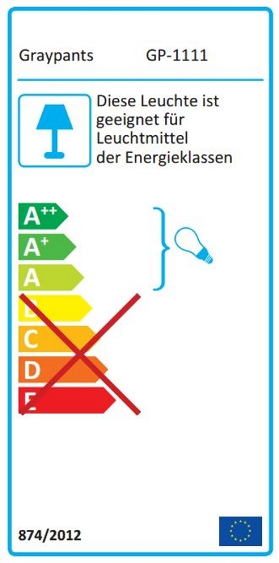 Energieeffizienzlabel der Graypants Scraplights Ausi Hängeleuchte. Informationen zu Energieklassen und Leuchtmittel-Eignung.
