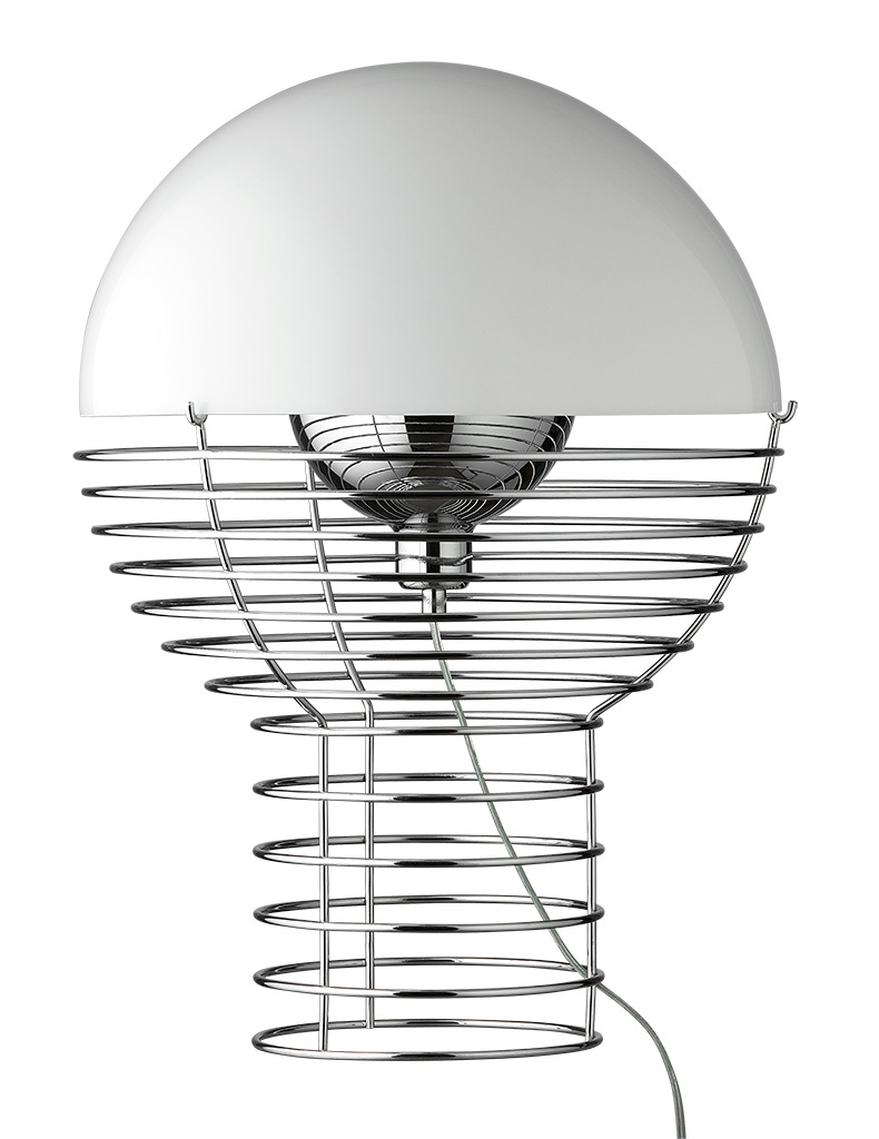 Wire Tischleuchte von Verpan: Moderne Designlampe mit weißem Schirm und verchromtem Drahtgestell für stilvolle Beleuchtung.