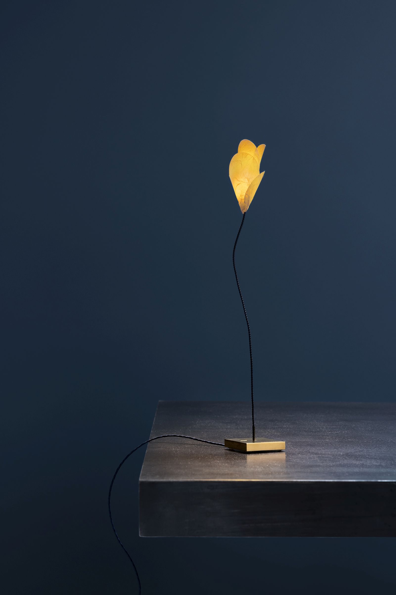 Nahaufnahme der Catellani & Smith For You Tischleuchte mit gelbem Lampenschirm in Blütenform.