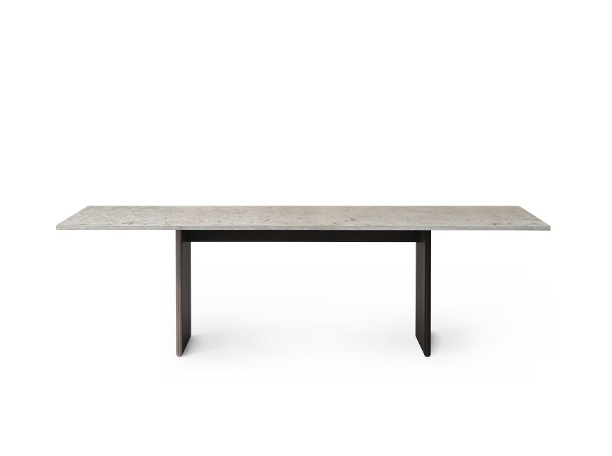 Cabin Square Table Esstisch Vipp mit grauer Tischplatte und dunklem Holzgestell, freigestellt auf weißem Hintergrund.