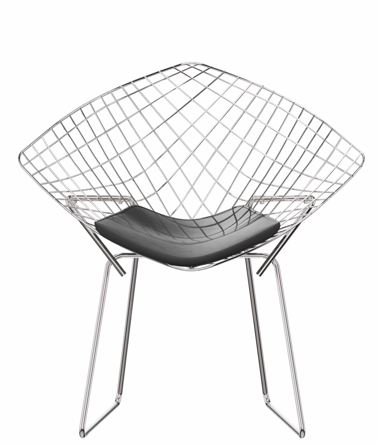 Diamond Sessel von Knoll International mit schwarzem Sitzkissen und verchromtem Drahtgestell. Designklassiker.