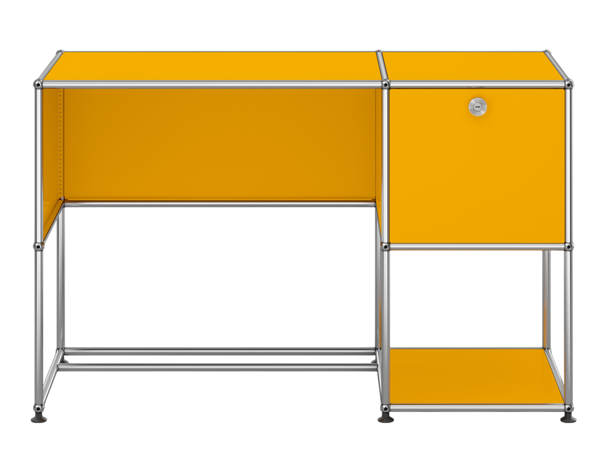 USM Haller Schreibtisch in Goldgelb mit Ablage und abschließbarem Fach, modernes Design für Büro und Homeoffice.