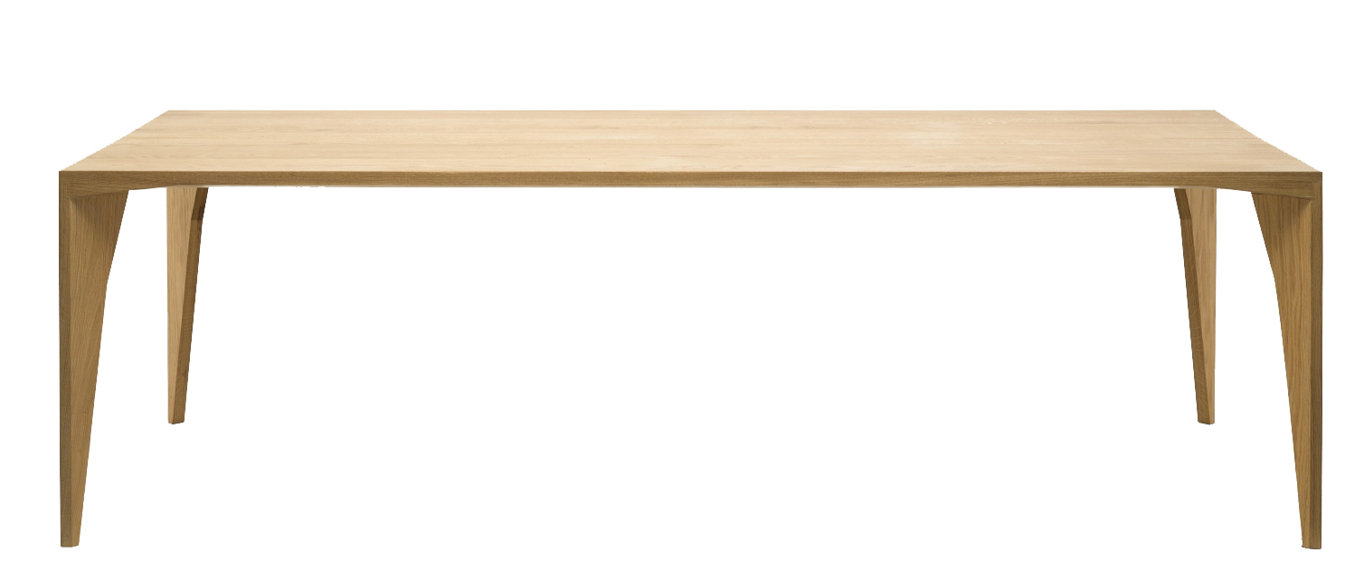 Delta Tisch aus hellem Holz, moderner Esstisch mit schrägen Beinen für Esszimmer.