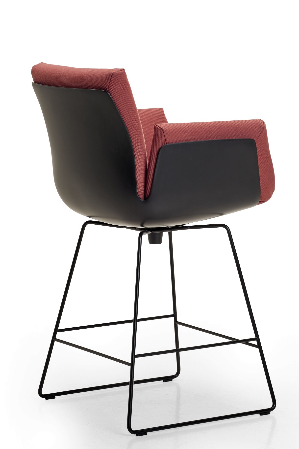 Alvo Barstuhl mit rotem Bezug und schwarzem Drahtgestell, drehbar, Höhe 111 cm.