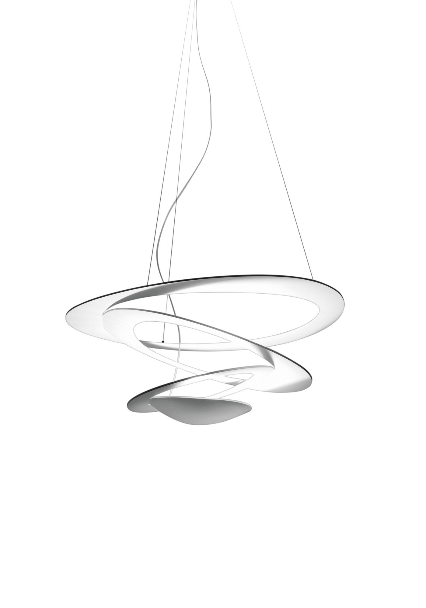 Weiße Pirce LED Pendelleuchte von Artemide, moderne Hängelampe mit filigranem Design.