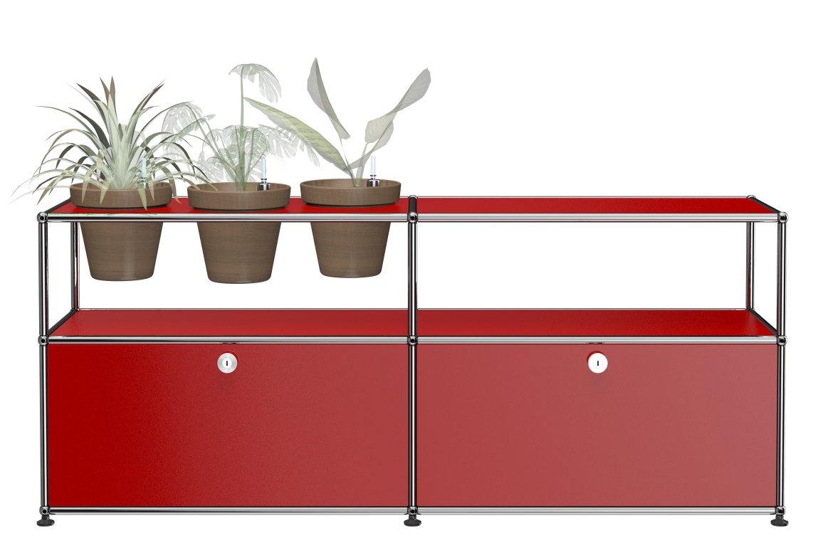 Rubinrotes USM Haller Sideboard mit Pflanzen, modernes Designmöbel für Wohnzimmer und Büro.