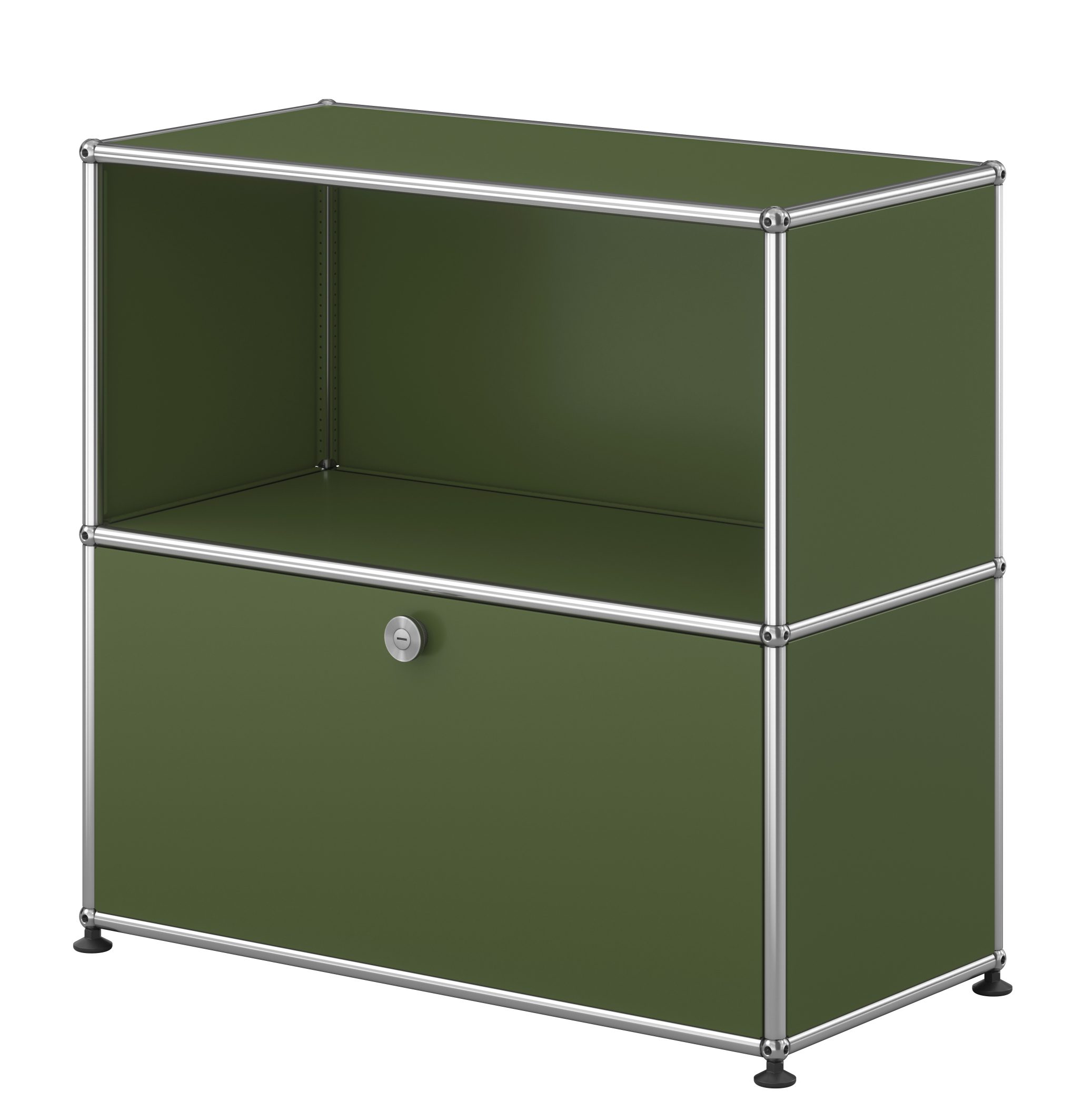 USM Haller Sideboard in Olivgrün mit einer Klappe und einem offenen Fach.