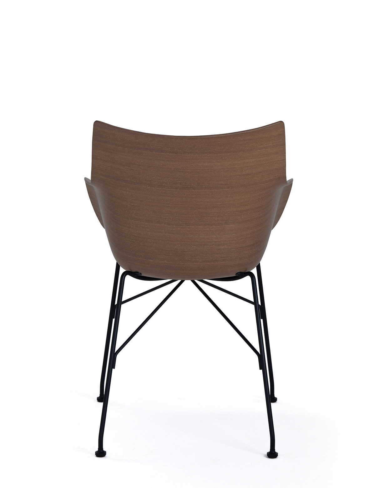 Rückansicht des Q/WOOD Stuhls von Kartell mit Holzoptik und schwarzem Metallgestell.