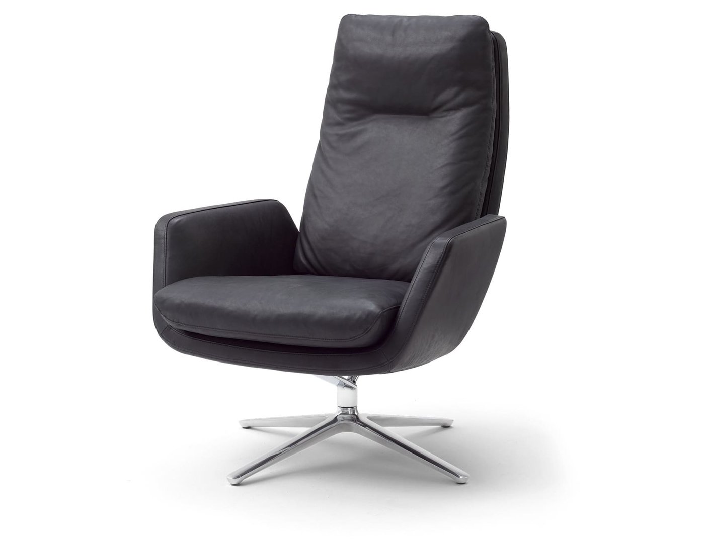 Schwarzer Cordia Drehsessel mit mittelhohem Rücken und Chromfuß für Büro oder Wohnzimmer.