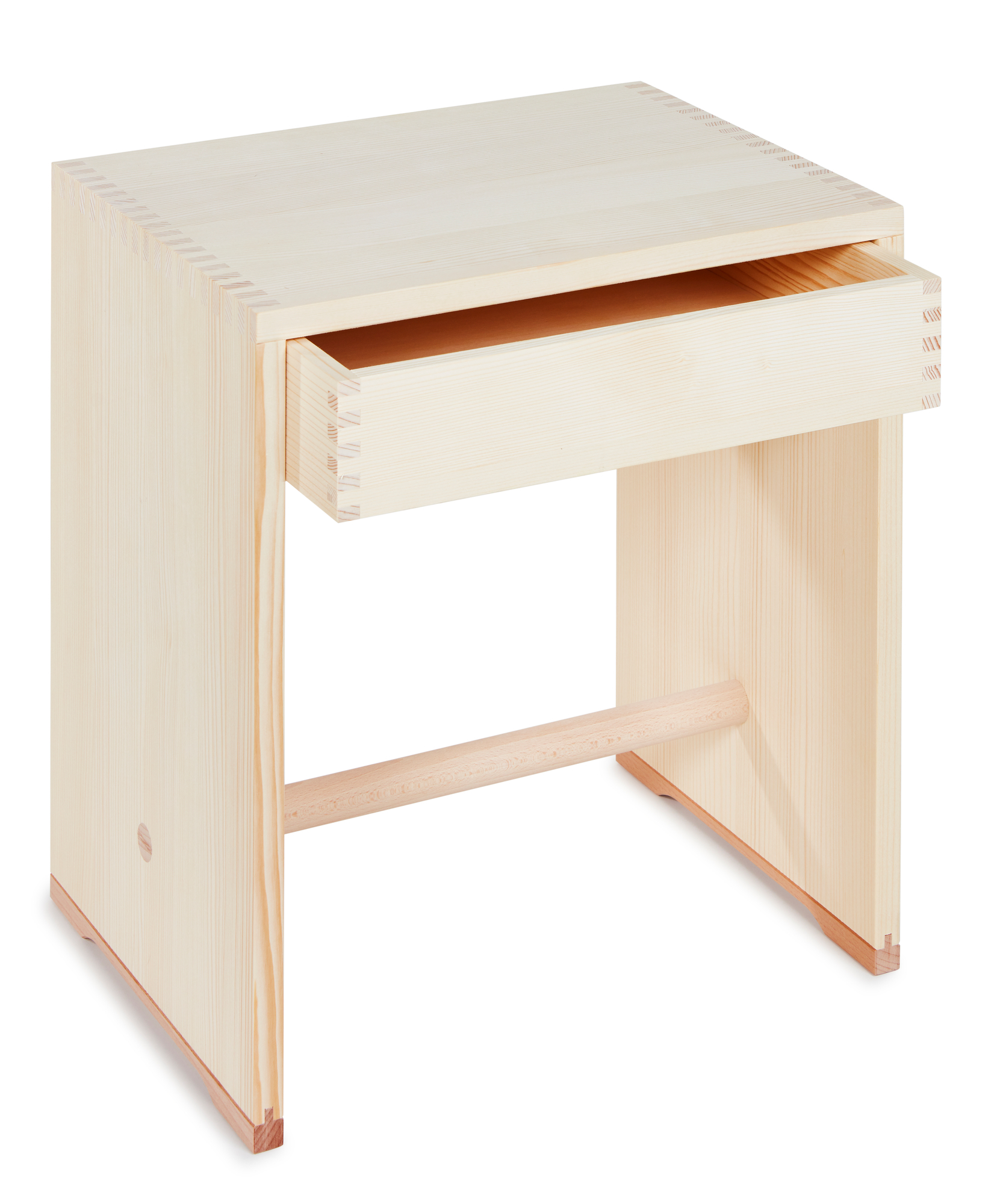 Ulmer Hocker mit Schublade aus hellem Naturholz, vielseitig einsetzbar als Sitzgelegenheit oder Beistelltisch.