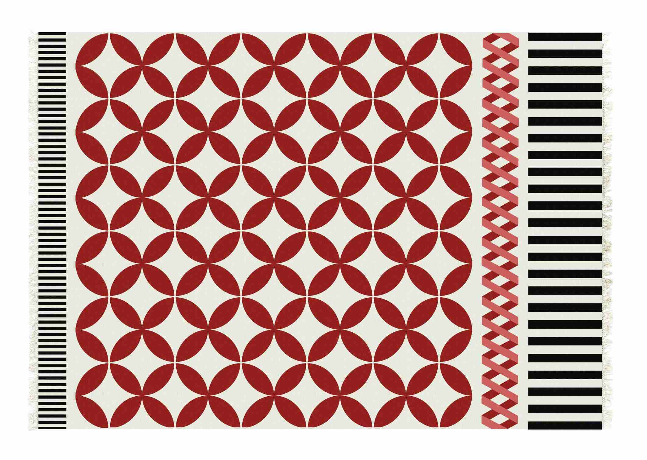 Kilim Catania Teppich mit rotem Blütenmuster, schwarzen Streifen und dekorativem Zopfband. Moderner Teppich für Wohnzimmer.