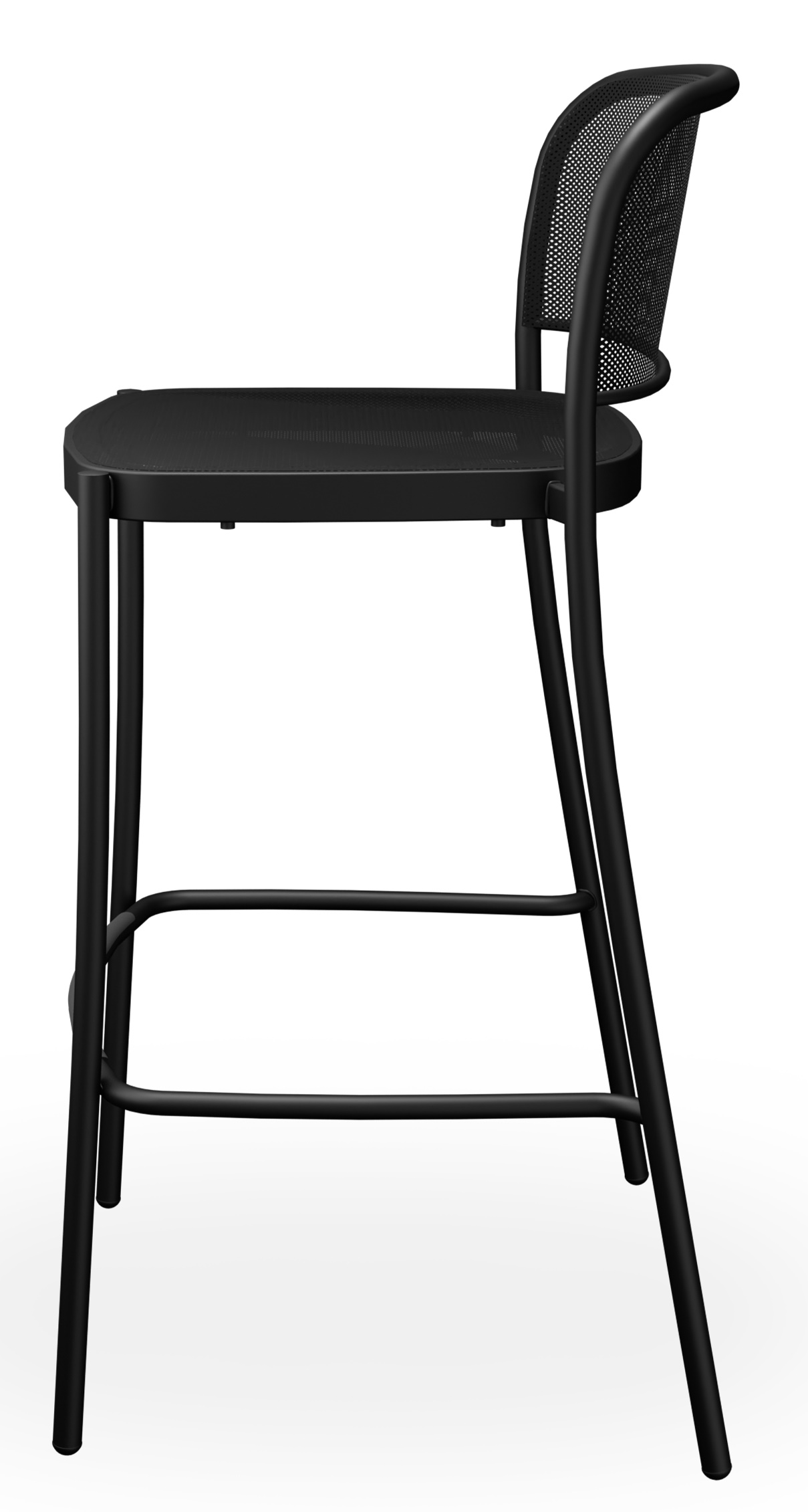 Schwarzer Emu Barhocker für den Außenbereich, Café Barstool mit Rückenlehne, Seitenansicht.