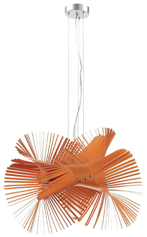 Orangefarbene Mini Mikado Pendelleuchte von LZF Lamps, moderne Hängelampe aus Holzfurnier.