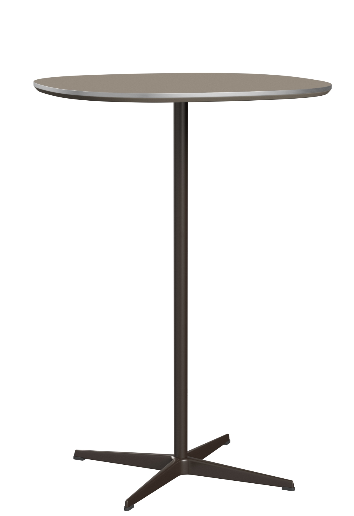 Zirkular Stehtisch von Fritz Hansen, runder Bistrotisch in Taupe mit braunem Metallfuß für Büro und Gastronomie.