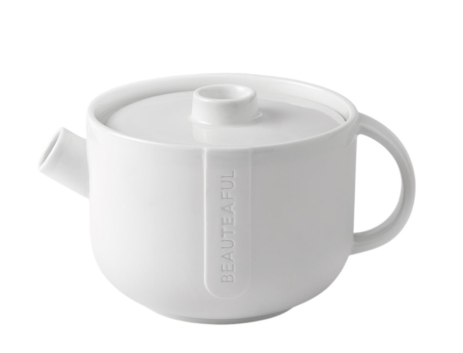 Weiße Teekanne "Cozy Time" von Räder, kleine Größe, mit Deckel und Henkel.