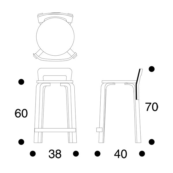 Technische Zeichnung des Artek K65 Küchenstuhls / Barhockers mit Maßen für E-Commerce.
