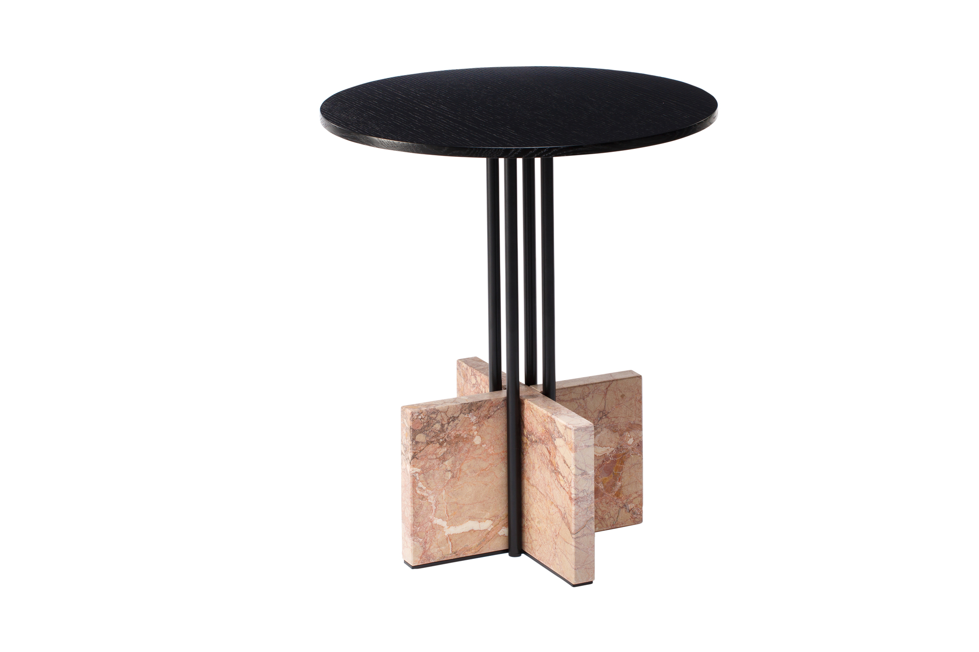 Gravity Table Beistelltisch Hoch: Runder, schwarzer Tisch mit Marmorfuß, modernes Design.