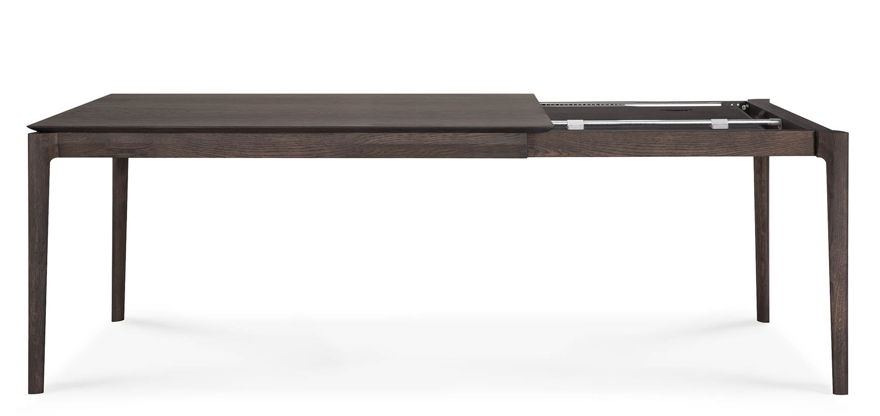 Bok Esstisch ausziehbar, braunes Eichenholz, teilweise ausgezogen. Moderner Holztisch für Esszimmer.