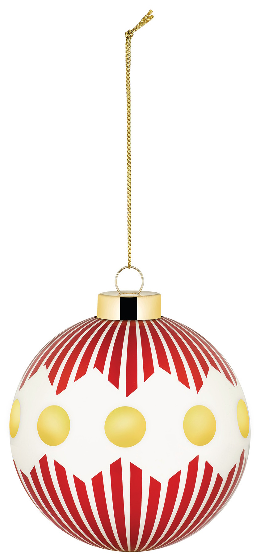 Alessi Weihnachtskugel mit roten Streifen und gelben Punkten an goldener Kette.