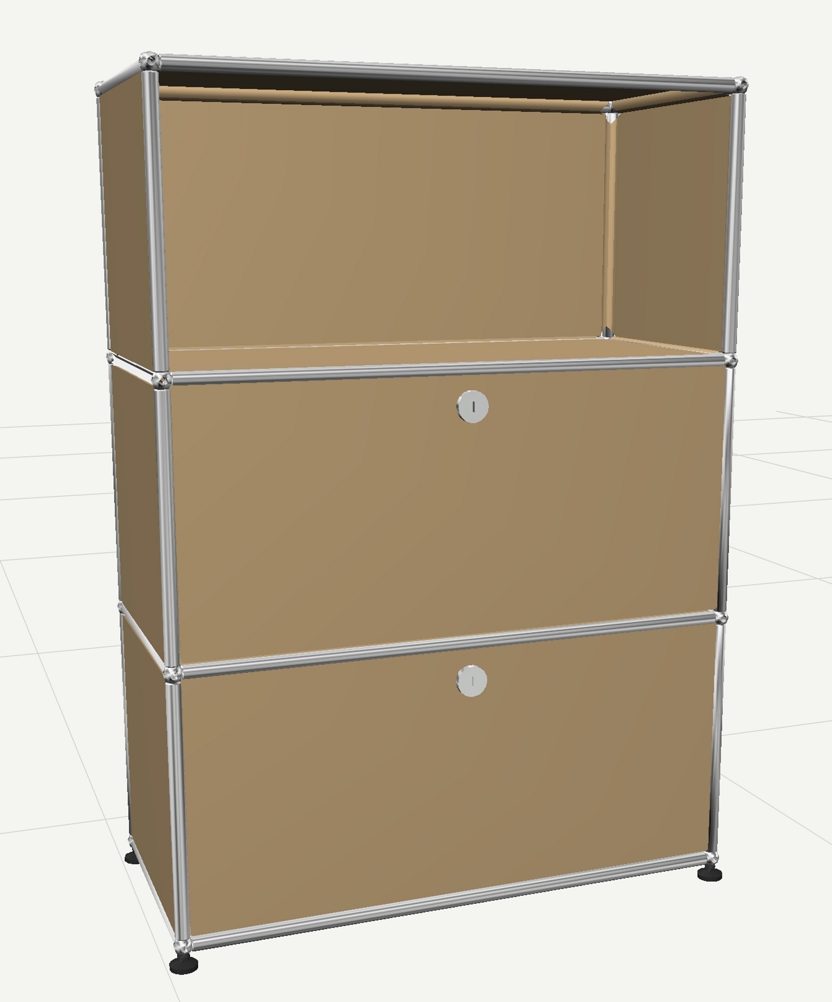 USM Haller Highboard in Beige mit zwei Klappen und einem offenen Fach, modernes Designmöbel.