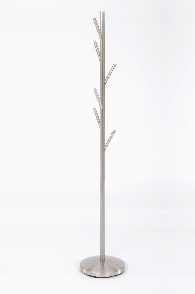Detroit Kleiderständer von Jan Kurtz mit sechs Haken aus gebürstetem Edelstahl auf runder Basis.