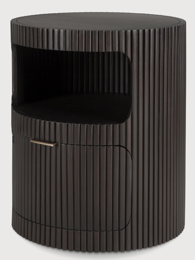 Dunkelbrauner, runder Ethnicraft Rollcontainer mit Schublade und offenem Fach. Modernes Design.