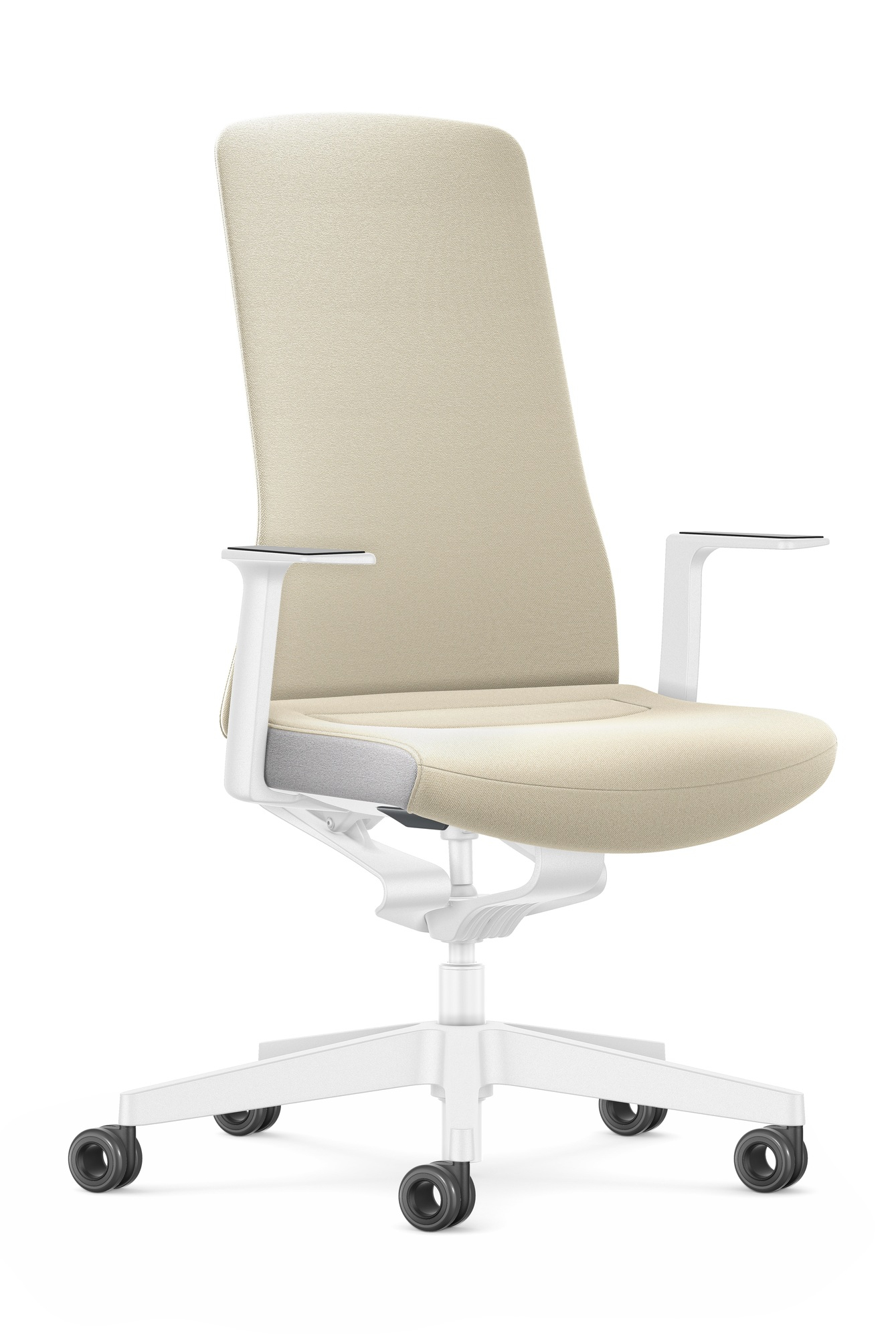 Beige Interstuhl Bürostuhl Pure Edition Interior mit Armlehnen und weißem Fußkreuz auf Rollen.