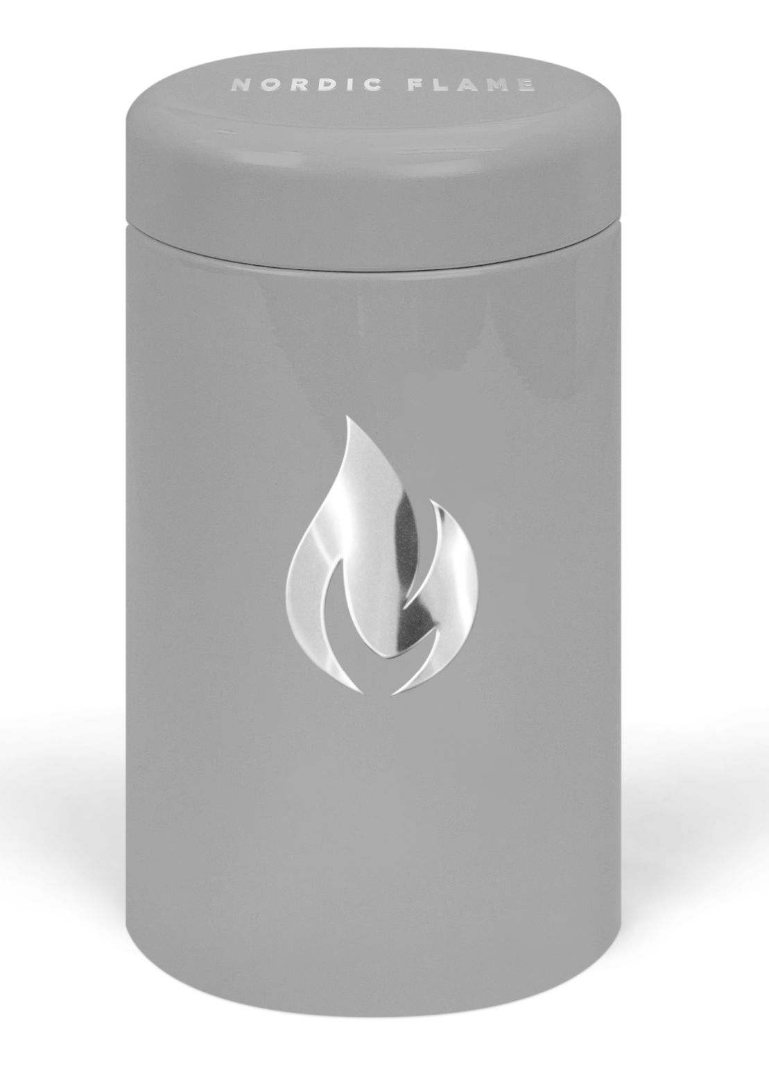 Graue Nordic Flame Streichholzdose aus Metall mit silbernem Flammen-Logo für Kamin und Ofen.