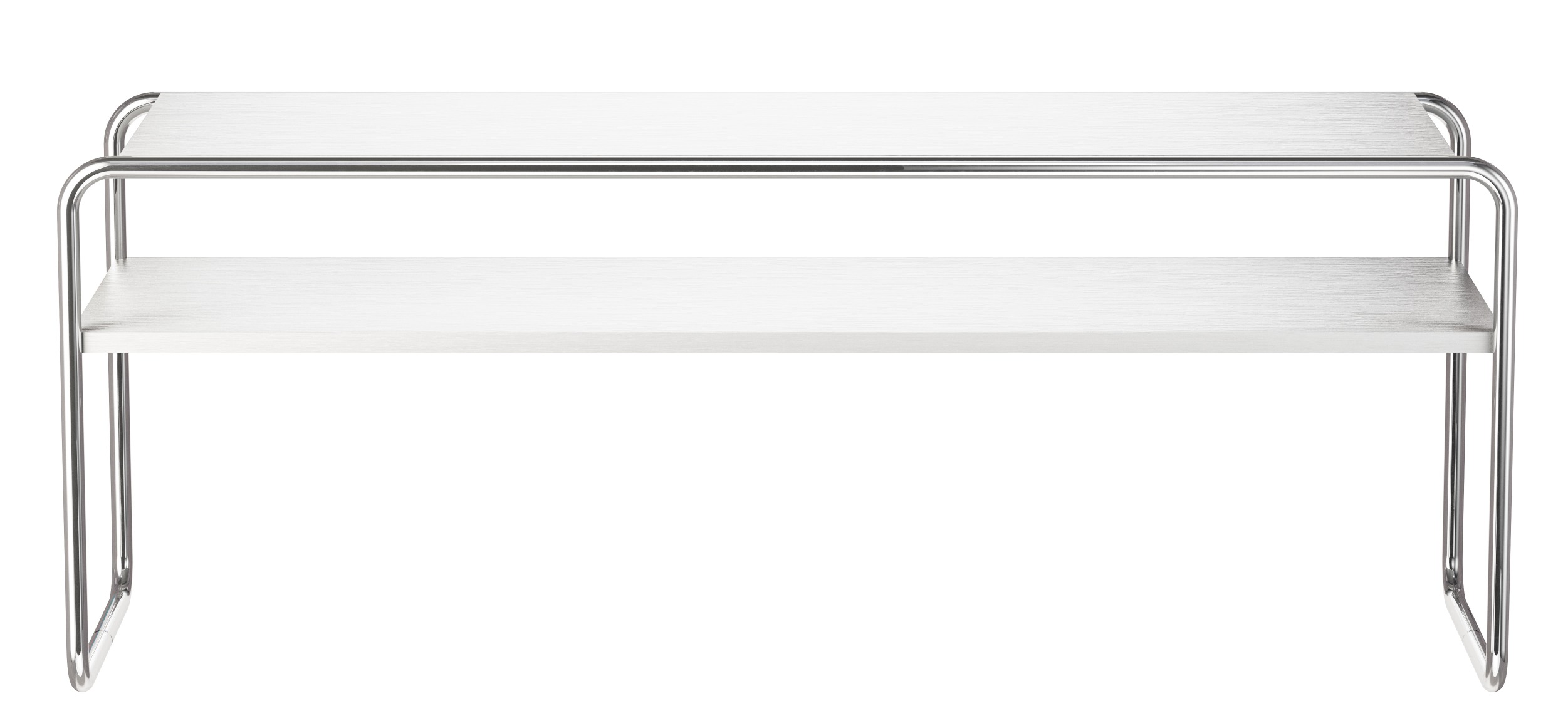B 10/1 Thonet Beistelltisch mit zwei weißen Ablageflächen und verchromtem Stahlrohrgestell, Möbelklassiker.