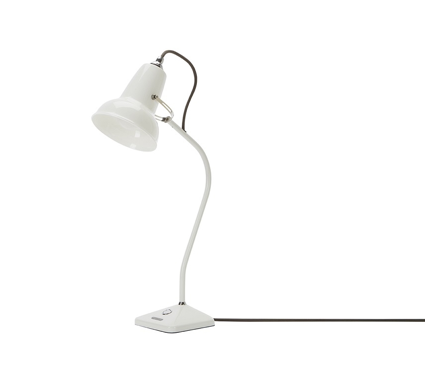 Weiße Anglepoise Original 1227 Mini Tischleuchte aus Keramik, modernes Design für Schreibtisch oder Nachttisch.