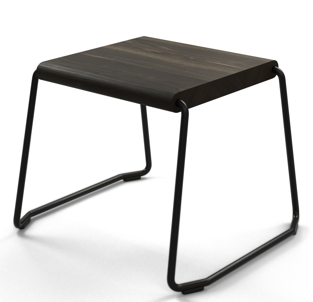 Kohleschwarzer D:002 Beistelltisch von Fuchs & Habicht mit quadratischer Holzplatte und Metallgestell.