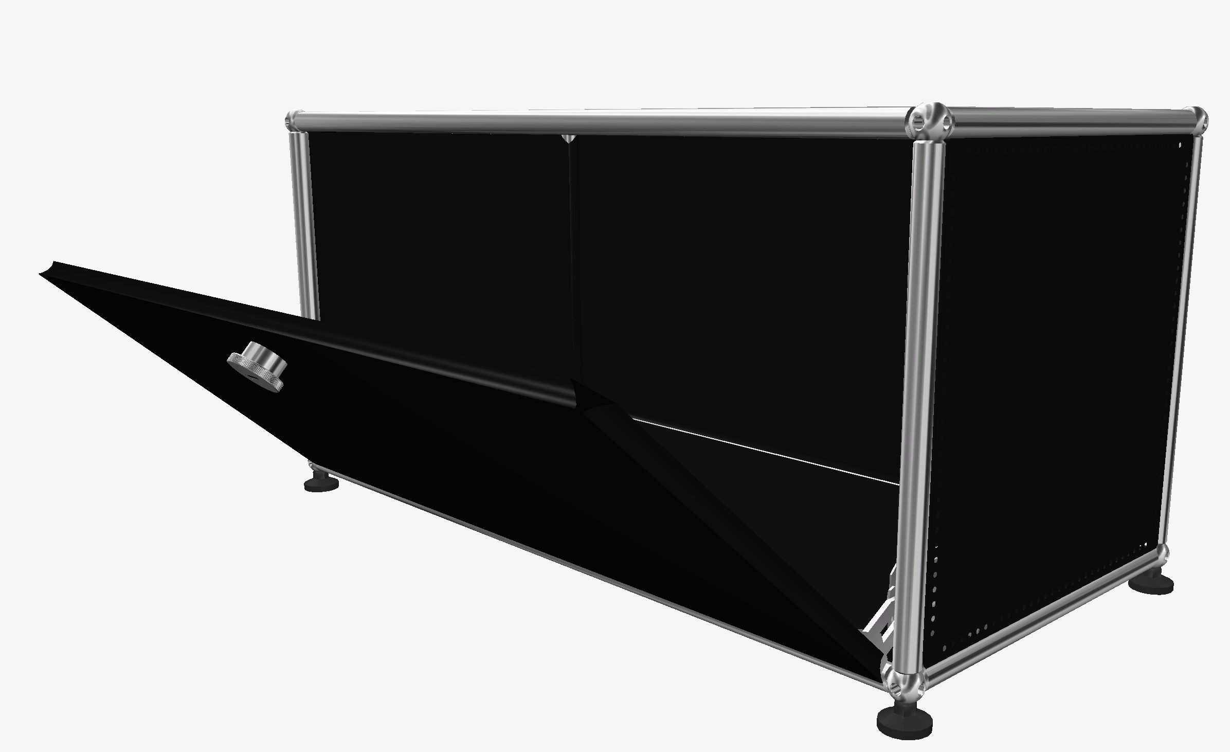 USM Haller Lowboard in Graphitschwarz mit geöffneter Klappe, modernes Designmöbel für stilvolle Wohnräume.