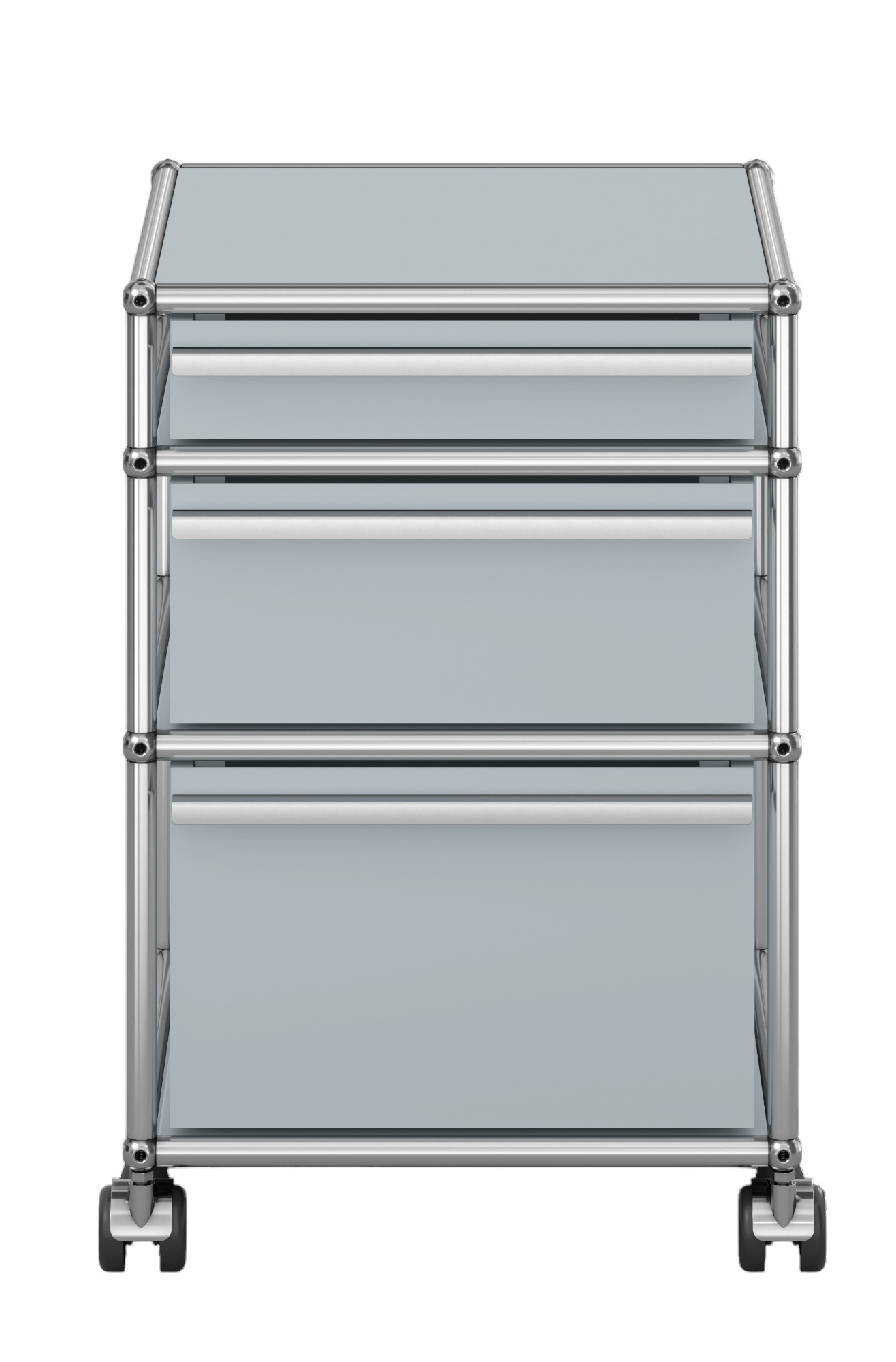 USM Haller Rollcontainer mit drei Schubladen in Mattsilber, modernes Design für Büro und Zuhause.