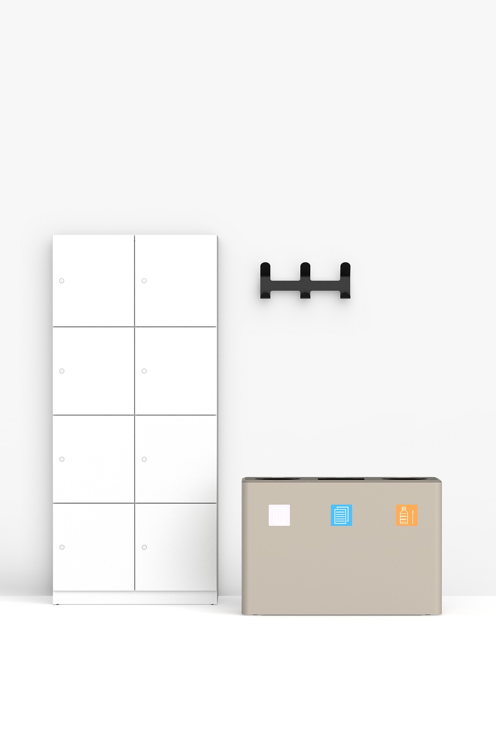 Dunk 3 Abfalltrennsystem Functionals: Beige Abfallbehälter mit drei Fächern und farbigen Symbolen.
