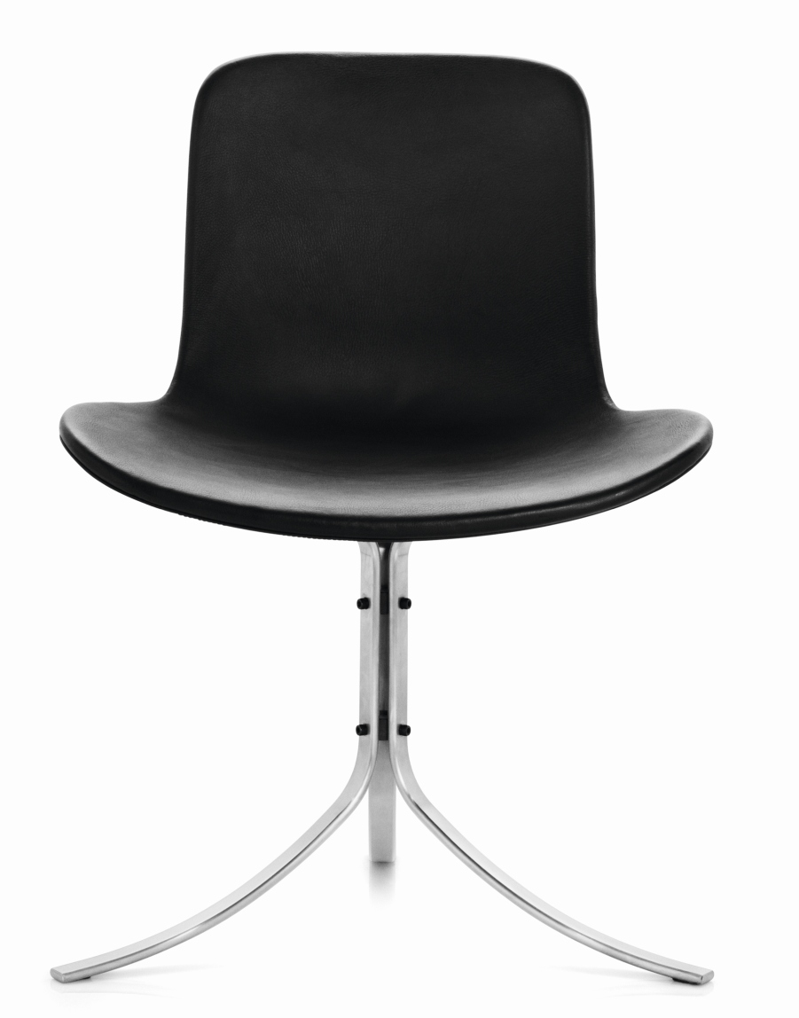 Schwarzer PK9 Stuhl von Fritz Hansen mit Lederbezug und verchromtem Stahlfuß. Designklassiker.