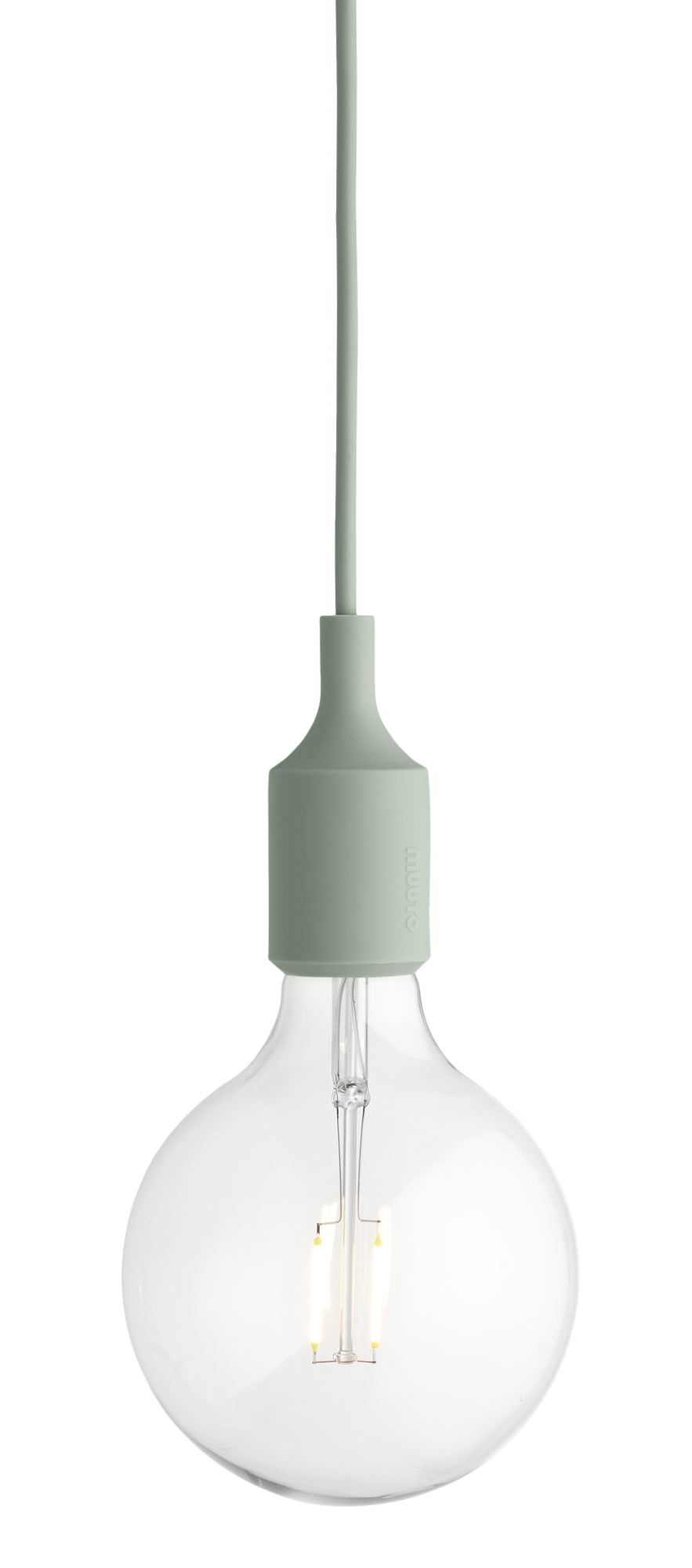 Nahaufnahme der E27 Socket Lamp Pendelleuchte von Muuto in sanftem Grün. Designleuchte mit Glühbirne.