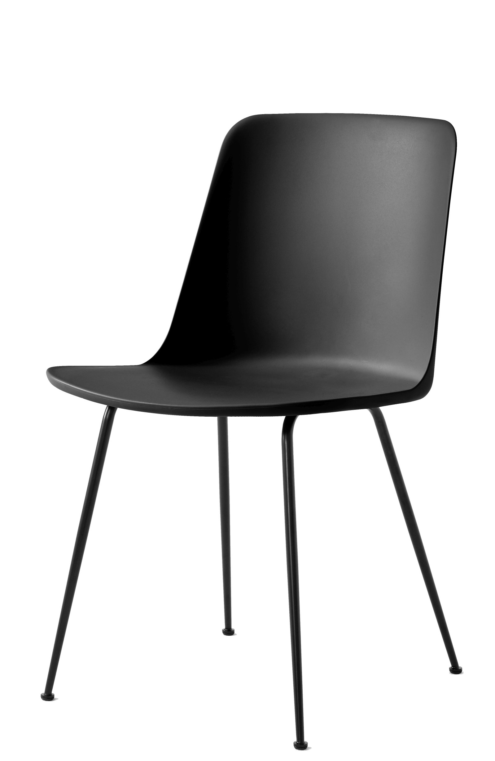 Schwarzer Rely Stuhl von AndTradition mit vier schlanken Metallbeinen, modernes Design für Esszimmer und Büro.