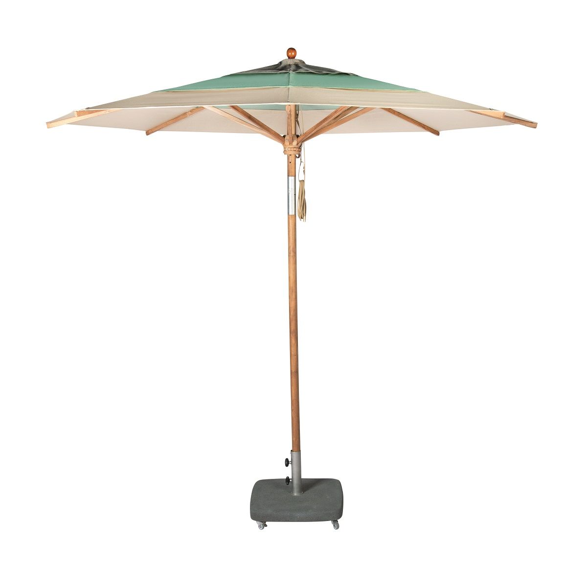 Weishäupl Teakschirm mit grün-weißem Bezug und grauem Sockel für Garten, Terrasse oder Balkon.