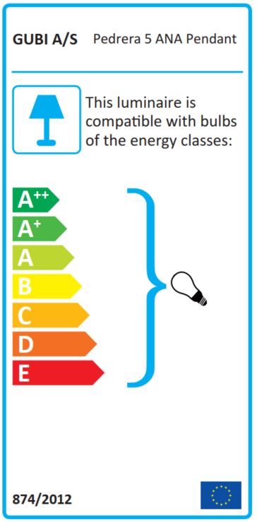 Energieeffizienzlabel der Pedrera ANA Pendelleuchte von Gubi, kompatibel mit Leuchtmitteln der Energieklassen A++ bis E.