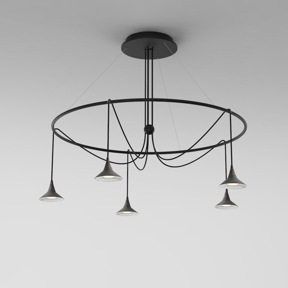 Unterlinden Chandelier Ring Kronleuchter von Artemide, moderne Hängelampe aus Aluminium mit kegelförmigen Lampenschirmen und warmweißem Licht.