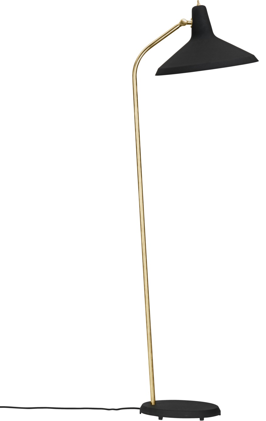 Gubi Stehleuchte G-10 mit schwarzem Lampenschirm und goldenem Gestell. Moderne Bodenleuchte für Wohnzimmer.