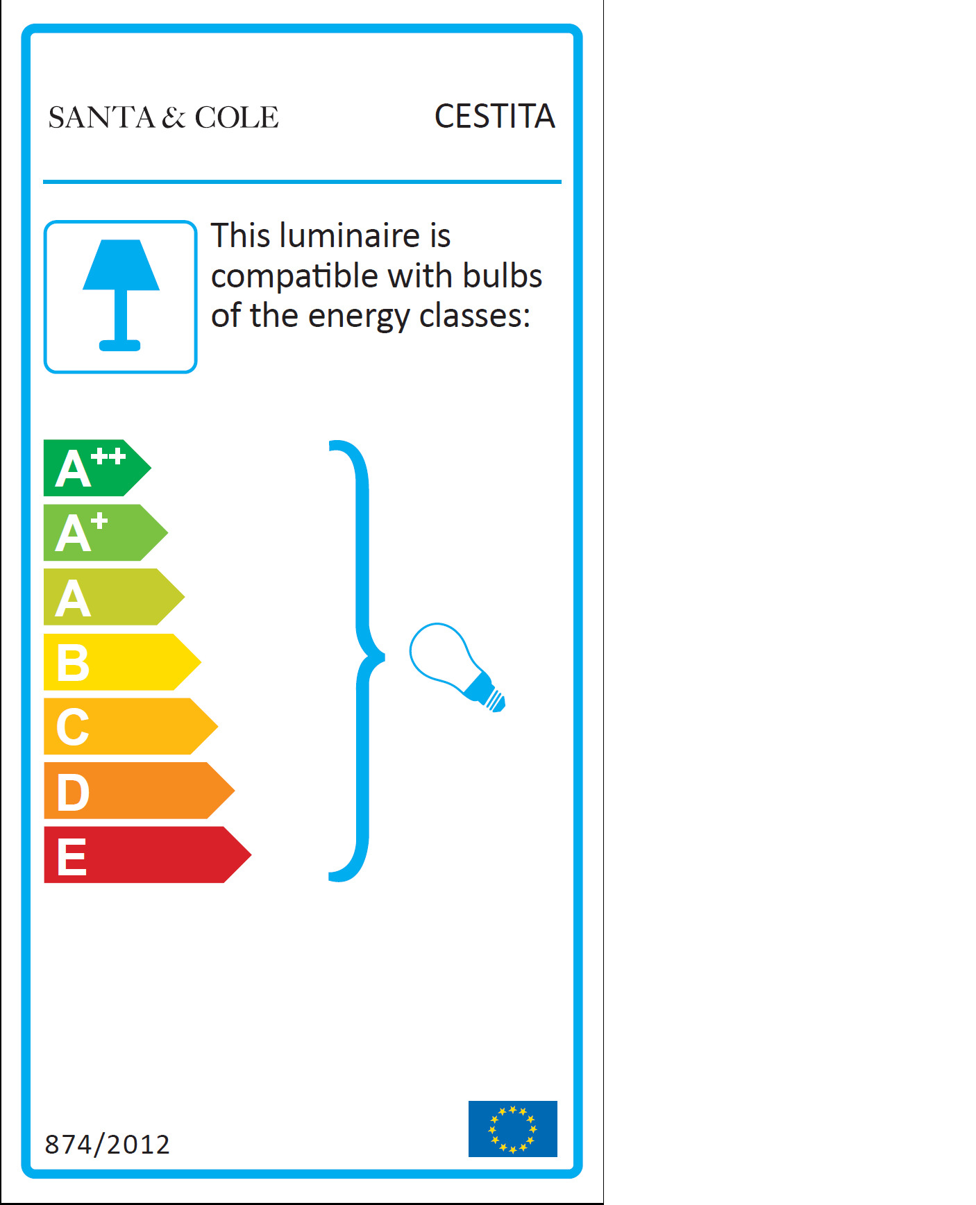 Energieeffizienzlabel der Santa & Cole Cestita Tischleuchte, kompatibel mit Leuchtmitteln der Energieklassen A++ bis E.