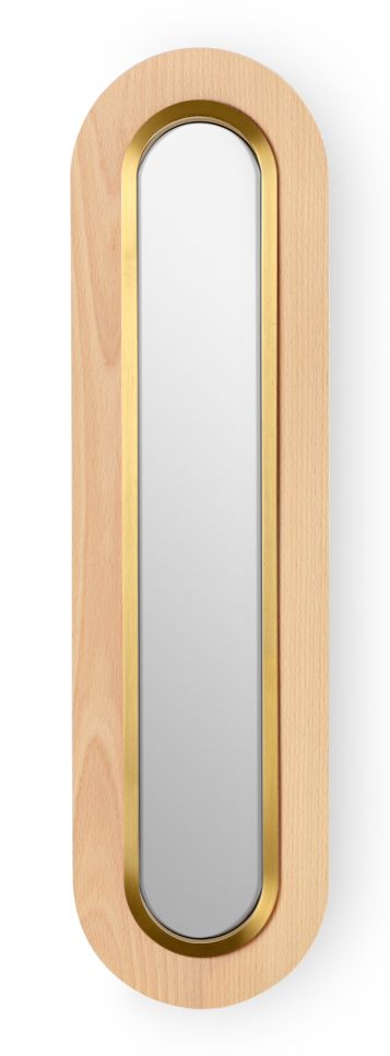 Lens LED Wandleuchte von LZF Lamps: Ovaler Holzrahmen mit goldenem Metallring. Moderne Wandbeleuchtung.