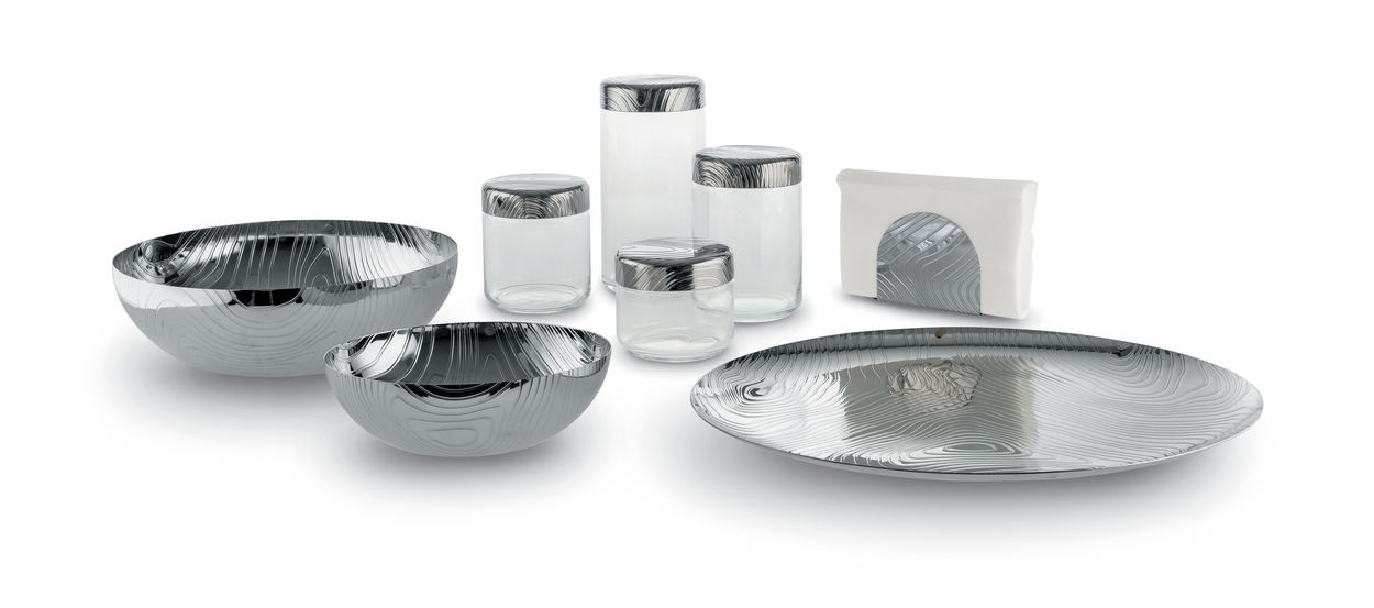 Alessi Veneer Küchendose PU05/100 und weitere Küchenutensilien mit Holzmaserung-Design aus Edelstahl und Glas.