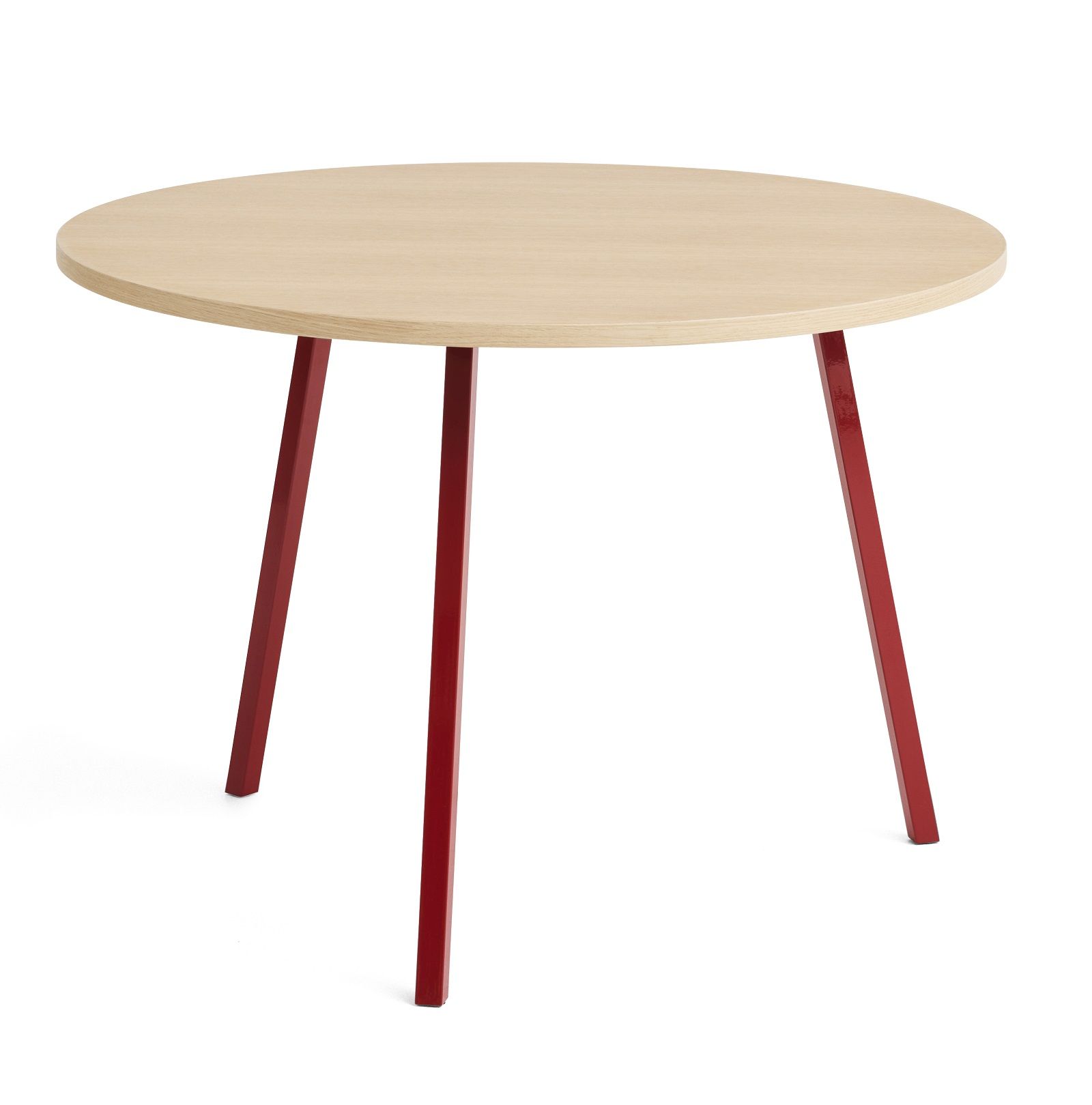 Hay Loop Stand Table Round Esstisch Ø105 cm mit hellbeiger Tischplatte und roten Beinen.