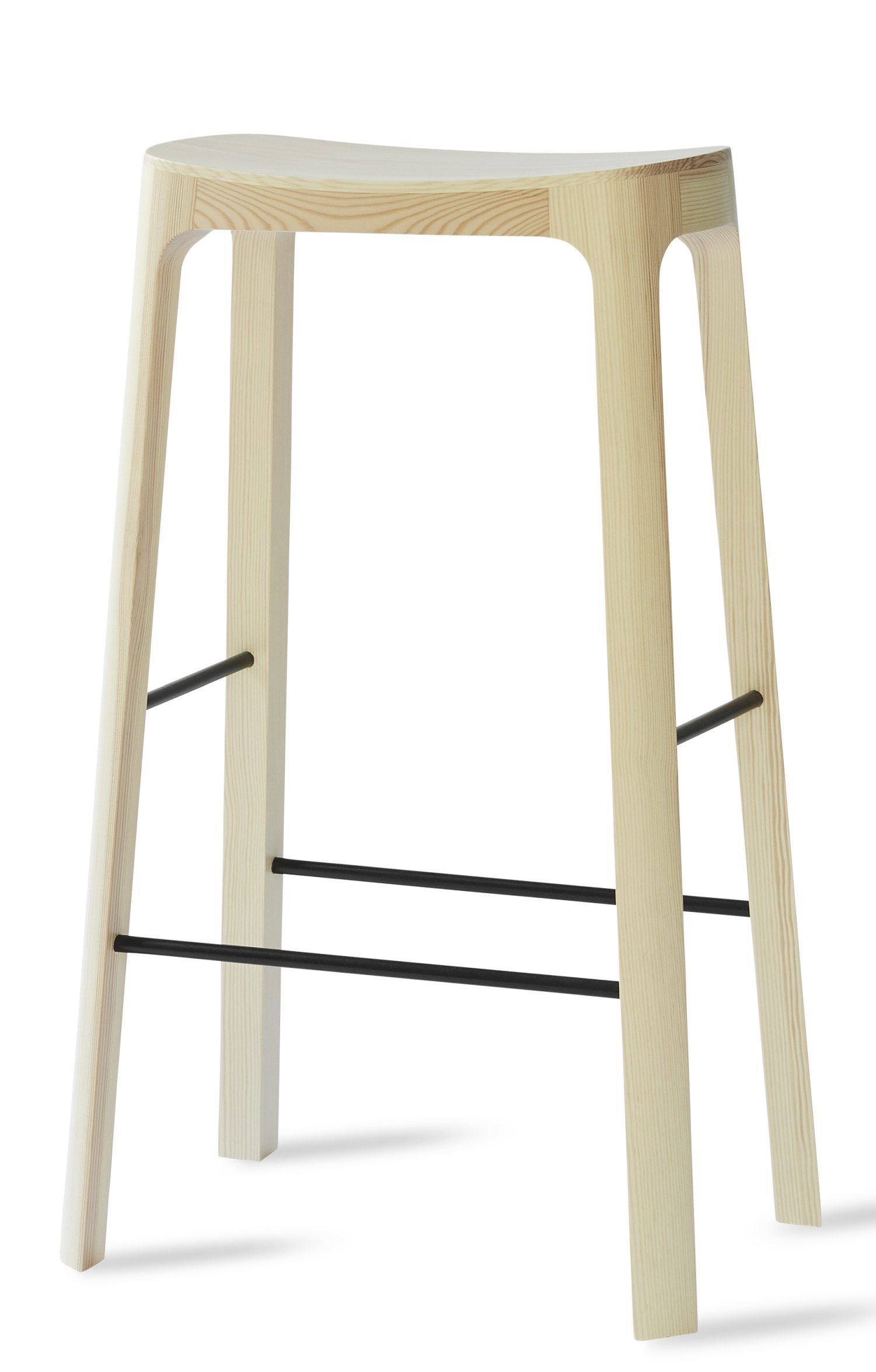 Crofton Barstool: Moderner Barhocker aus hellem Holz mit schwarzen Metallstreben als Fußstütze.