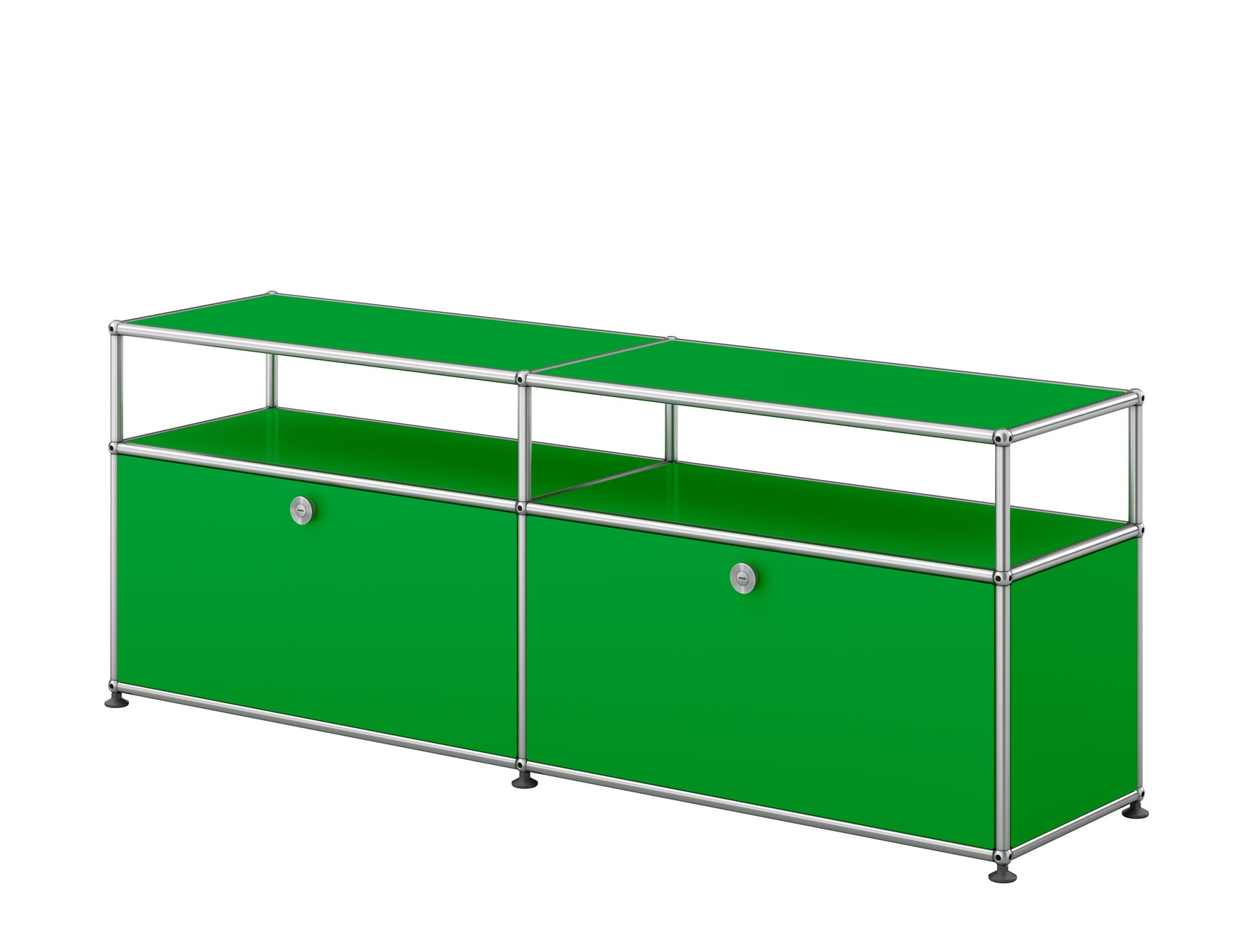 USM Haller Sideboard in Grün mit zwei Fächern und verchromtem Gestell für TV- und Hi-Fi-Geräte.