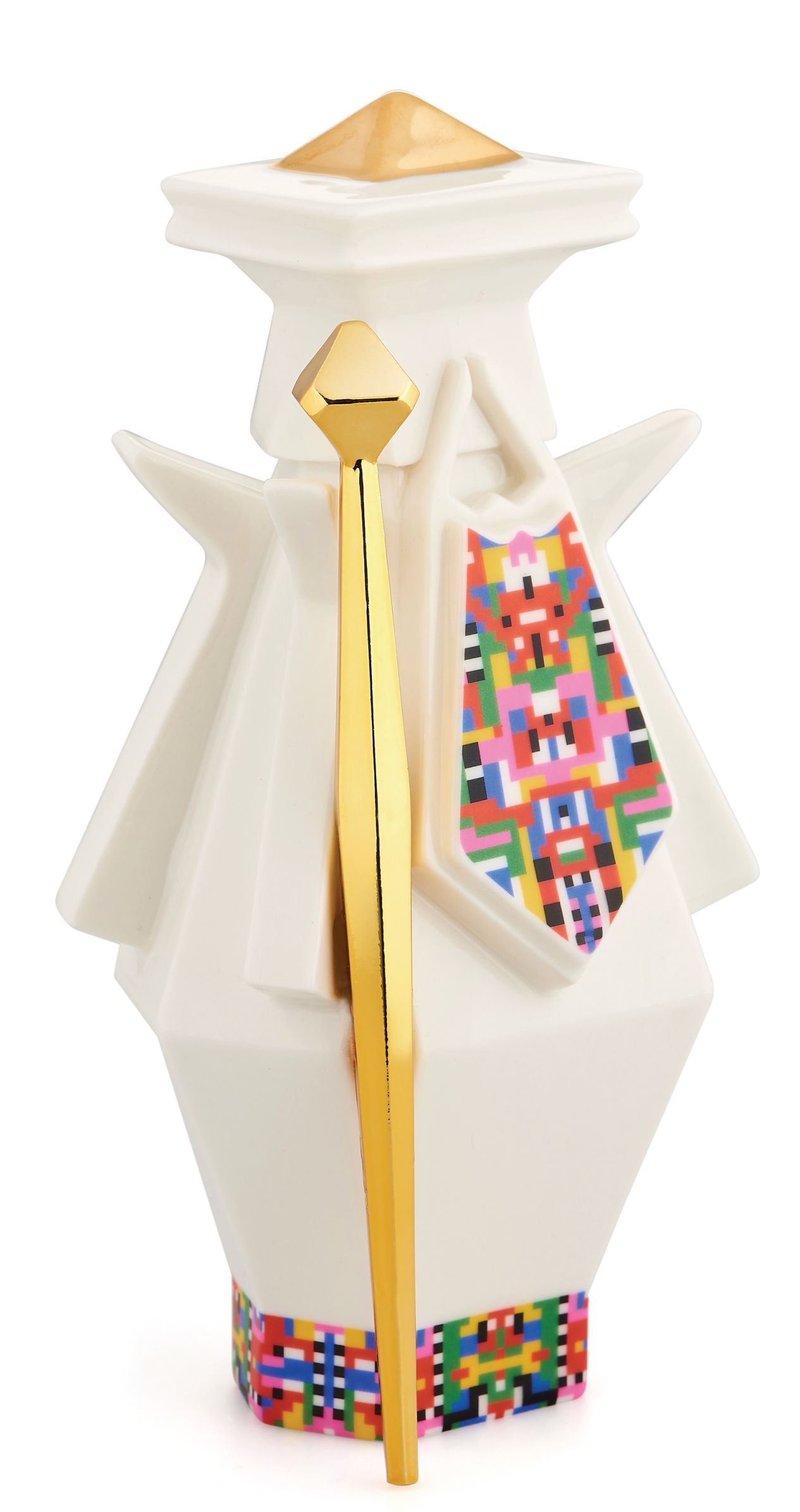Alessi Joseph Porzellanfigur ESA05, ein dekoratives Einzelstück mit goldenem Stab und farbenfrohem Muster.