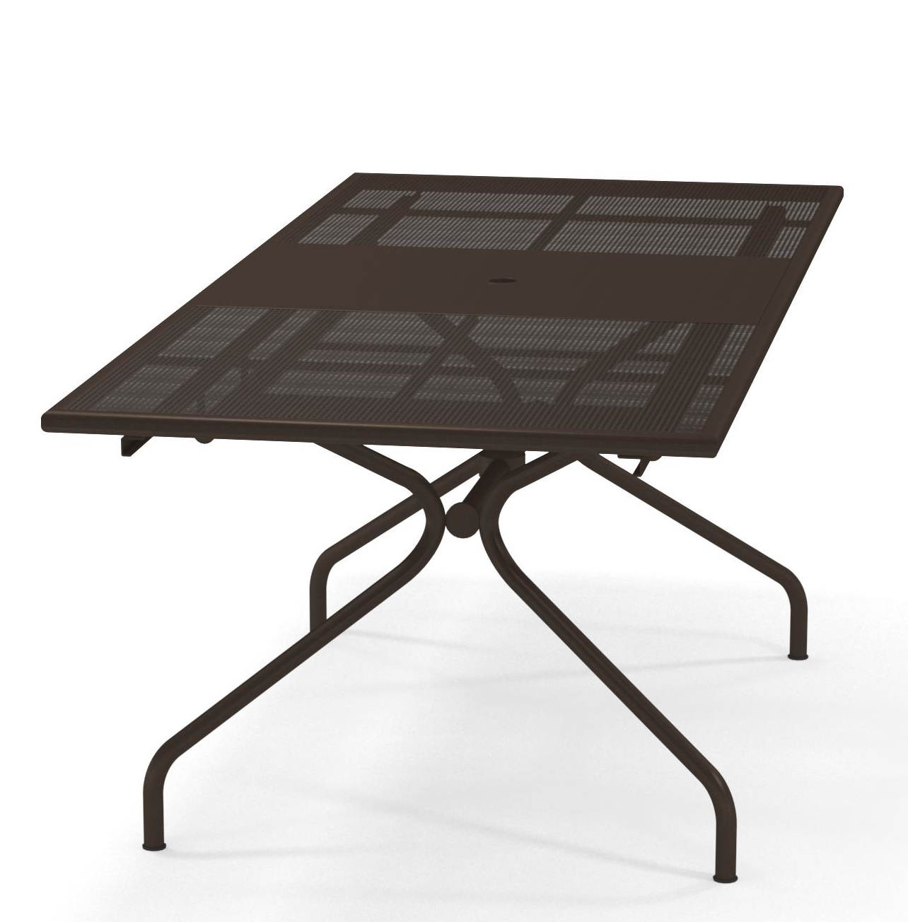 Brauner Athena Gartentisch von Emu, ausziehbar, mit Metallgestell und Lochmuster-Tischplatte.