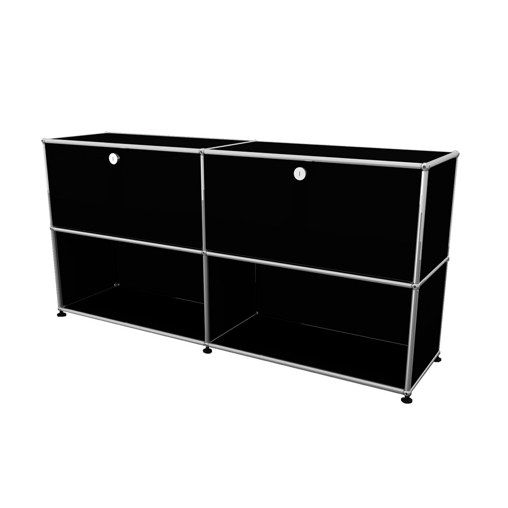 Schwarzes USM Haller Sideboard mit zwei Klappen und verchromtem Gestell für modernes Wohnen.